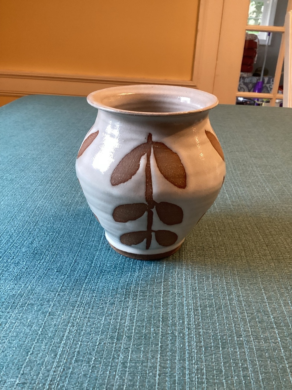 Handmade Ceramic Vase with Brown Leaf Motif - Cream and Brown